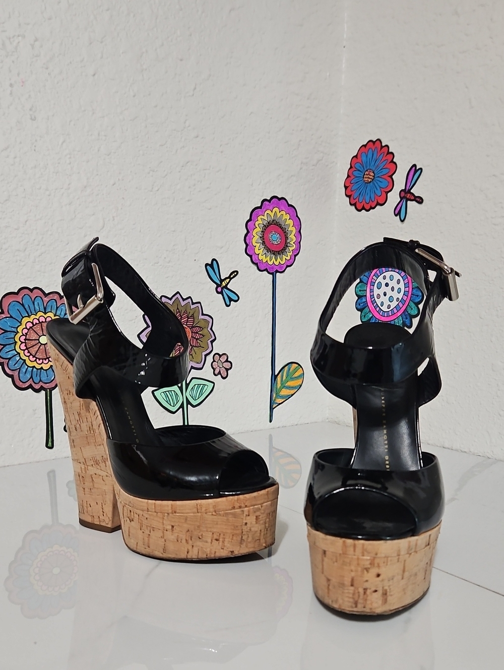 Giuseppe Zanotti Black Patent Leather Cork Platform Sandals Made in Italy